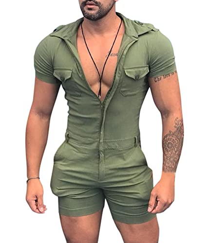 Oanviso Herren Casual Kurzarm Strampler Einfarbig Persönlichkeit Overalls Reißverschluss oder Knopfverschluss One-Piece Sport Onesie Bequemer Schlafanzug Multi-Kragenformen Jumpsuit A Grün L von Oanviso