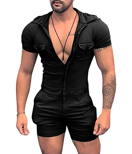 Oanviso Herren Casual Kurzarm Strampler Einfarbig Persönlichkeit Overalls Reißverschluss oder Knopfverschluss One-Piece Sport Onesie Bequemer Schlafanzug Multi-Kragenformen Jumpsuit A Schwarz 3XL von Oanviso