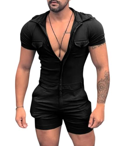 Oanviso Herren Casual Kurzarm Strampler Einfarbig Persönlichkeit Overalls Reißverschluss oder Knopfverschluss One-Piece Sport Onesie Bequemer Schlafanzug Multi-Kragenformen Jumpsuit A Schwarz M von Oanviso