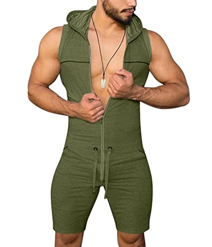 Oanviso Herren Casual Kurzarm Strampler Einfarbig Persönlichkeit Overalls Reißverschluss oder Knopfverschluss One-Piece Sport Onesie Bequemer Schlafanzug Multi-Kragenformen Jumpsuit D Grün XS von Oanviso