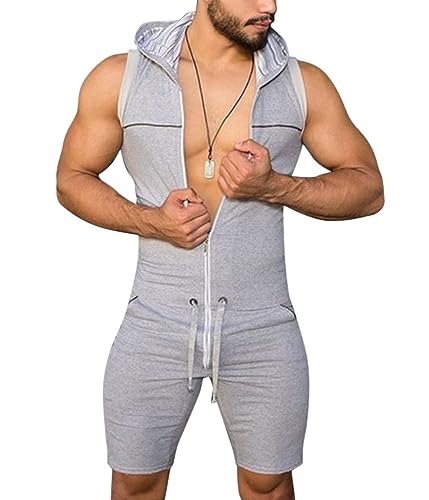 Oanviso Herren Casual Kurzarm Strampler Reißverschluss oder Knopfverschluss One-Piece Sport Onesie Einfarbig Persönlichkeit Overalls Bequemer Schlafanzug Multi-Kragenformen Jumpsuit D Grau S von Oanviso