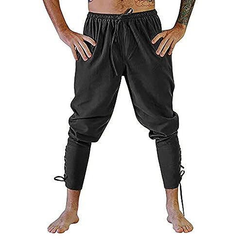 Oanviso Herren Casual Lang Mittelalter Hose Wikinger Kostüm Männer Jogginghose Leinen Hose mit Taschen Herren Renaissance Piratenhose Universal Freizeithosen A Schwarz 3XL von Oanviso