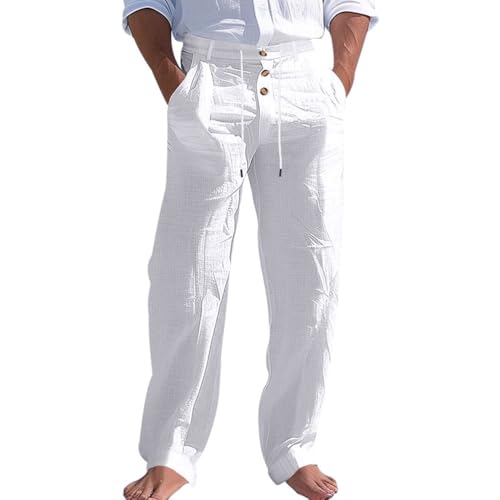 Oanviso Herren Casual Leinenhosen Lose Weites Bein Freizeithosen Sommer Trainingshose Einfarbig Jogginghose mit Knopf Anzughose Atmungsaktiv Strandhose A Weiß L von Oanviso