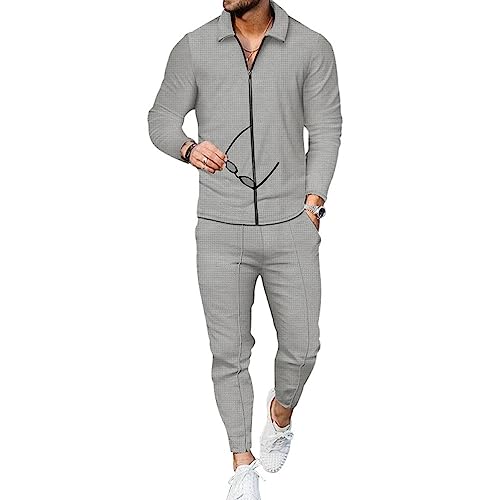 Oanviso Herren Casual Trainingsanzug Jogginganzug Einfarbig 2 Set Sportanzug Freizeitanzug Zip Pullover Langarm Cardigan Sporthosen Bekleidungsset Große Größe A Grau L von Oanviso