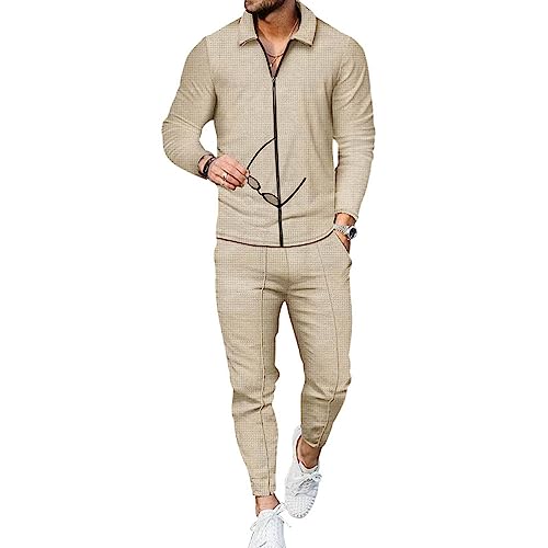 Oanviso Herren Casual Trainingsanzug Jogginganzug Einfarbig 2 Set Sportanzug Freizeitanzug Zip Pullover Langarm Cardigan Sporthosen Bekleidungsset Große Größe A Khaki L von Oanviso
