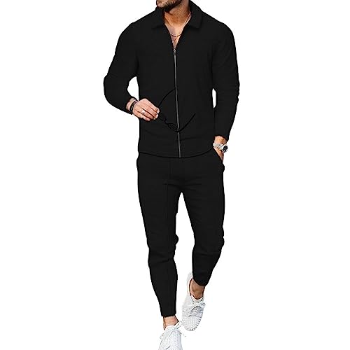 Oanviso Herren Casual Trainingsanzug Jogginganzug Einfarbig 2 Set Sportanzug Freizeitanzug Zip Pullover Langarm Cardigan Sporthosen Bekleidungsset Große Größe A Schwarz L von Oanviso