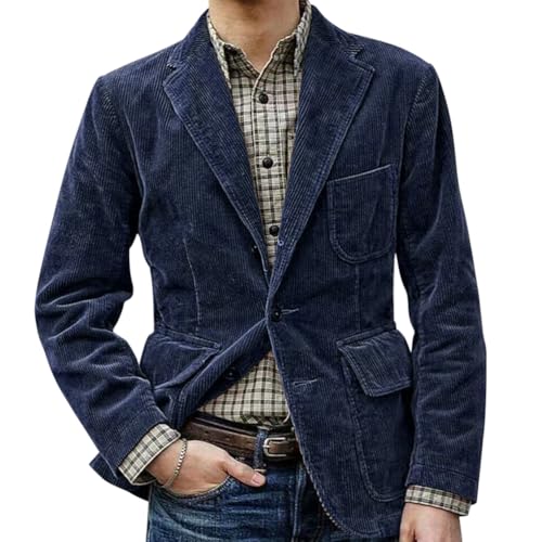 Oanviso Herren Cord Anzugjacke Retro Sakko Freizeit 2 Knöpfe Blazer Regular Fit Winterjacken Winter Cord Blazer Elegante Einfarbig A-Navy Blau XXL von Oanviso