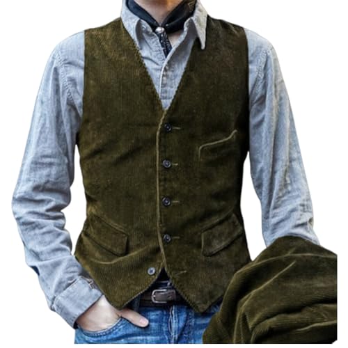 Oanviso Herren Cord Weste mit V-Ausschnitt Mode Ärmellos Cord Westernweste für Frühling Karneval Kostüm Rave Outfit Gilet Party Groomsmen Anzugweste Große Größe A Armeegrün L von Oanviso