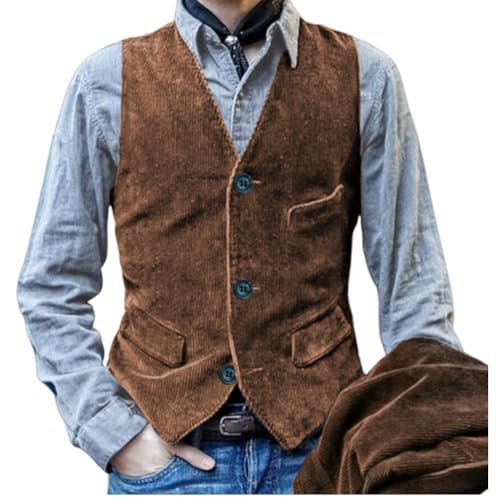 Oanviso Herren Cord Weste mit V-Ausschnitt Mode Ärmellos Cord Westernweste für Frühling Karneval Kostüm Rave Outfit Gilet Party Groomsmen Anzugweste Große Größe A Braun L von Oanviso
