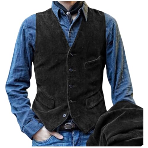 Oanviso Herren Cord Weste mit V-Ausschnitt Mode Ärmellos Cord Westernweste für Frühling Karneval Kostüm Rave Outfit Gilet Party Groomsmen Anzugweste Große Größe A Schwarz XXL von Oanviso