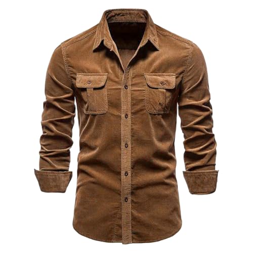Oanviso Herren Cordhemd Langarm Revershemd Button Down Freizeithemd mit Klappentaschen Vintage Cordhemd Slim-Fit Businesshemd Weiches und Bequemes Hemd für Frühling und Herbst A Braun M von Oanviso