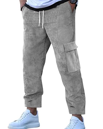 Oanviso Herren Cordhose Freizeithose Lange Hose Mode Elastische Taille Loose Gerade Cord Hosen Klassische Retro Einfarbig Männlich Pants mit Tasche Frühling und Herbst Basic Sporthose A Grau M von Oanviso