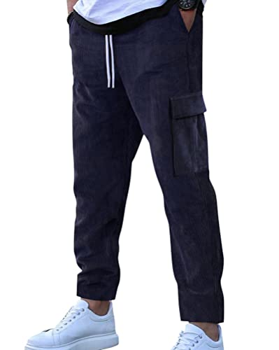 Oanviso Herren Cordhose Freizeithose Lange Hose Mode Elastische Taille Loose Gerade Cord Hosen Klassische Retro Einfarbig Männlich Pants mit Tasche Frühling und Herbst Basic Sporthose A Marineblau L von Oanviso