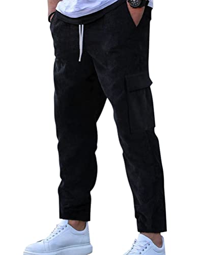 Oanviso Herren Cordhose Freizeithose Lange Hose Mode Elastische Taille Loose Gerade Cord Hosen Klassische Retro Einfarbig Männlich Pants mit Tasche Frühling und Herbst Basic Sporthose A Schwarz L von Oanviso