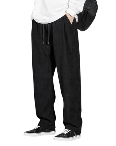 Oanviso Herren Cordhose Freizeithose Lange Hose Mode Elastische Taille Loose Gerade Cord Hosen Klassische Retro Einfarbig Männlich Pants mit Tasche Frühling und Herbst Basic Sporthose D Schwarz XXL von Oanviso