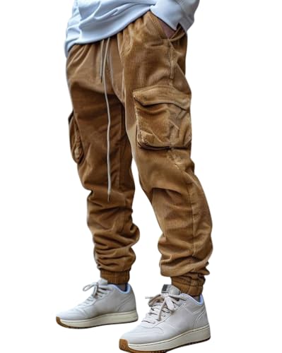 Oanviso Herren Cordhose Freizeithose Lange Hose Mode Elastische Taille Loose Gerade Cord Hosen Klassische Retro Einfarbig Männlich Pants mit Tasche Frühling und Herbst Basic Sporthose E Braun XL von Oanviso