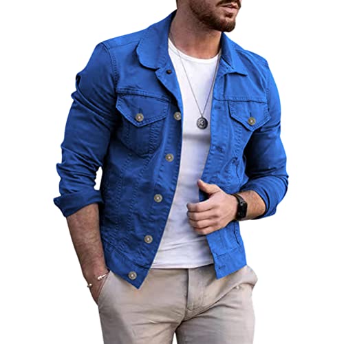 Oanviso Herren Denim Hemdjacke mit Umschlagkragen Einfarbig Button Down Übergangsjacke Jeanshemd mit Pattentasche Freizeitjacke Vintage Biker Motorradjacken Basic Langarm Jeansjacke A Blau XL von Oanviso