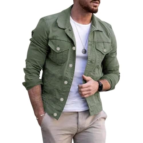 Oanviso Herren Denim Hemdjacke mit Umschlagkragen Einfarbig Button Down Übergangsjacke Jeanshemd mit Pattentasche Freizeitjacke Vintage Biker Motorradjacken Basic Langarm Jeansjacke A Grün M von Oanviso