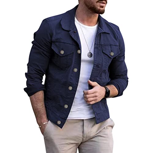 Oanviso Herren Denim Hemdjacke mit Umschlagkragen Einfarbig Button Down Übergangsjacke Jeanshemd mit Pattentasche Freizeitjacke Vintage Biker Motorradjacken Basic Langarm Jeansjacke A Marineblau L von Oanviso