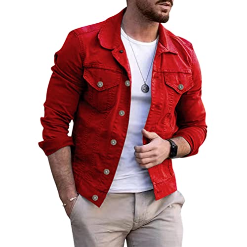 Oanviso Herren Denim Hemdjacke mit Umschlagkragen Einfarbig Button Down Übergangsjacke Jeanshemd mit Pattentasche Freizeitjacke Vintage Biker Motorradjacken Basic Langarm Jeansjacke A Rot 3XL von Oanviso