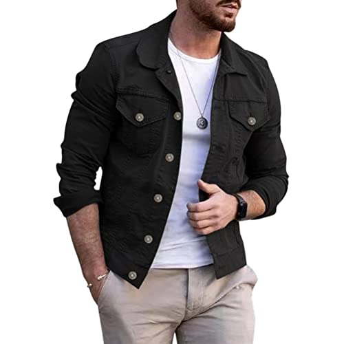 Oanviso Herren Denim Hemdjacke mit Umschlagkragen Einfarbig Button Down Übergangsjacke Jeanshemd mit Pattentasche Freizeitjacke Vintage Biker Motorradjacken Basic Langarm Jeansjacke A Schwarz XL von Oanviso