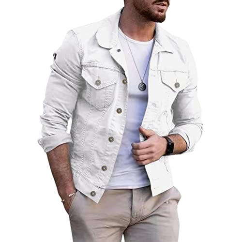 Oanviso Herren Denim Hemdjacke mit Umschlagkragen Einfarbig Button Down Übergangsjacke Jeanshemd mit Pattentasche Freizeitjacke Vintage Biker Motorradjacken Basic Langarm Jeansjacke A Weiß L von Oanviso