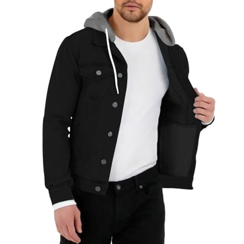 Oanviso Herren Denim Jacke mit Umschlagkragen Einfarbig Button Down Übergangsjacke Jeansmantel mit Pattentasche Freizeitjacke Vintage Biker Motorradjacken Basic Langarm Jeansjacke B Schwarz L von Oanviso