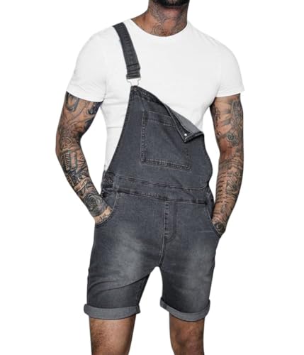 Oanviso Herren Denim Strap Kurze Jumpsuit Lässiges Arbeitshose Jumpsuit Vintage Bibs Jumpsuit Stilvoll Latzhose Overalls mit Taschen Sommer Zerrissene Loch Kurze Jean Jumpsuit A Grau XXL von Oanviso