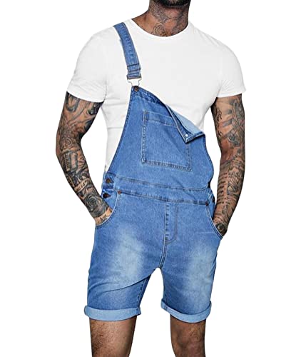 Oanviso Herren Denim Strap Kurze Jumpsuit Lässiges Arbeitshose Jumpsuit Vintage Bibs Jumpsuit Stilvoll Latzhose Overalls mit Taschen Sommer Zerrissene Loch Kurze Jean Jumpsuit A Hellblau XL von Oanviso