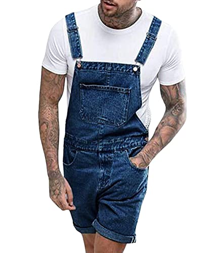 Oanviso Herren Denim Strap Kurze Jumpsuit Lässiges Arbeitshose Jumpsuit Vintage Bibs Jumpsuit Stilvoll Latzhose Overalls mit Taschen Sommer Zerrissene Loch Kurze Jean Jumpsuit B Dunkelblau 3XL von Oanviso