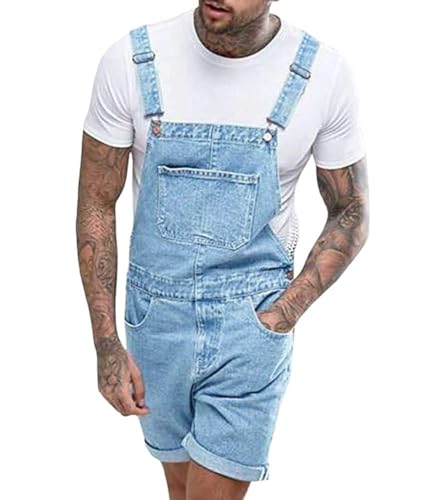 Oanviso Herren Denim Strap Kurze Jumpsuit Lässiges Arbeitshose Jumpsuit Vintage Bibs Jumpsuit Stilvoll Latzhose Overalls mit Taschen Sommer Zerrissene Loch Kurze Jean Jumpsuit B Hellblau L von Oanviso