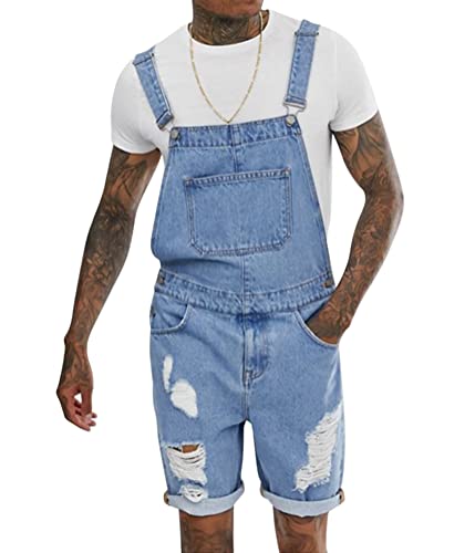 Oanviso Herren Denim Strap Kurze Jumpsuit Lässiges Arbeitshose Jumpsuit Vintage Bibs Jumpsuit Stilvoll Latzhose Overalls mit Taschen Sommer Zerrissene Loch Kurze Jean Jumpsuit C Hellblau XXL von Oanviso