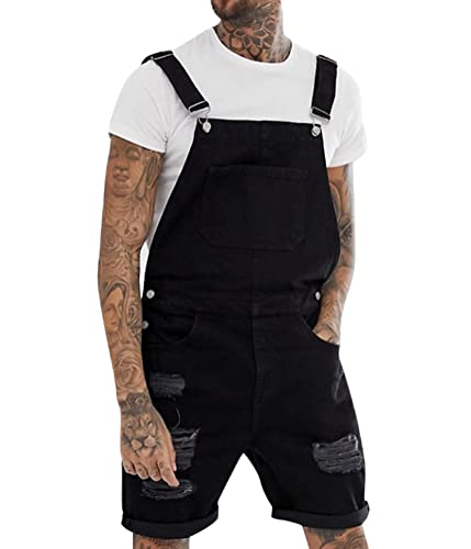 Oanviso Herren Denim Strap Kurze Jumpsuit Lässiges Arbeitshose Jumpsuit Vintage Bibs Jumpsuit Stilvoll Latzhose Overalls mit Taschen Sommer Zerrissene Loch Kurze Jean Jumpsuit C Schwarz S von Oanviso