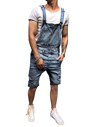 Oanviso Herren Denim Strap Kurze Jumpsuit Lässiges Arbeitshose Jumpsuit Vintage Bibs Jumpsuit Stilvoll Latzhose Overalls mit Taschen Sommer Zerrissene Loch Kurze Jean Jumpsuit D Blau S von Oanviso