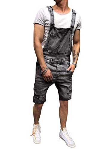 Oanviso Herren Denim Strap Kurze Jumpsuit Lässiges Arbeitshose Jumpsuit Vintage Bibs Jumpsuit Stilvoll Latzhose Overalls mit Taschen Sommer Zerrissene Loch Kurze Jean Jumpsuit D Grau M von Oanviso