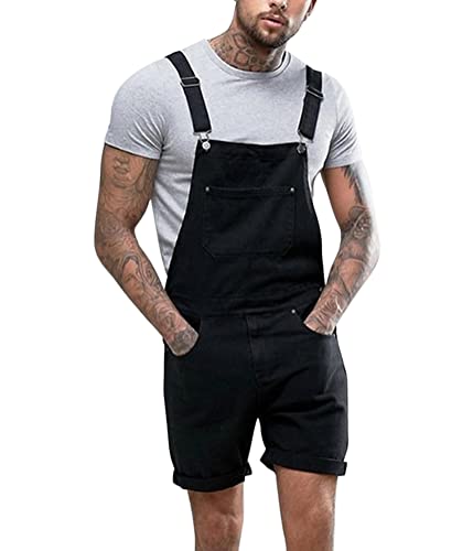 Oanviso Herren Denim Strap Kurze Jumpsuit Lässiges Arbeitshose Jumpsuit Vintage Bibs Jumpsuit Stilvoll Latzhose Overalls mit Taschen Sommer Zerrissene Loch Kurze Jean Jumpsuit F Schwarz M von Oanviso