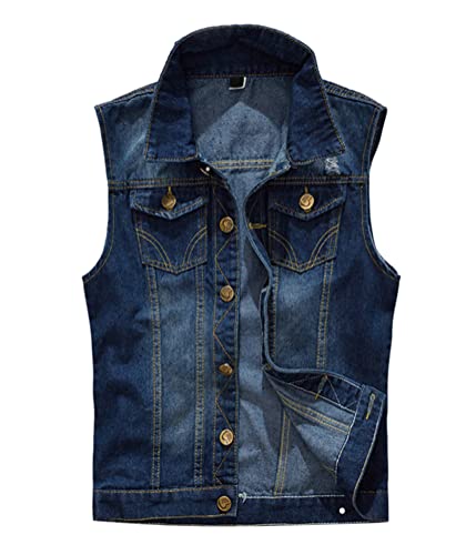 Oanviso Herren Denim Weste Casual Ärmellose Jacke Zerrissene Jeansweste Ausgefranste Cowboy Weste Klassische Vintage Denim Vest mit Taschen Sommer Outdoor Weste Beiläufig Street Weste A Dunkelblau 3XL von Oanviso