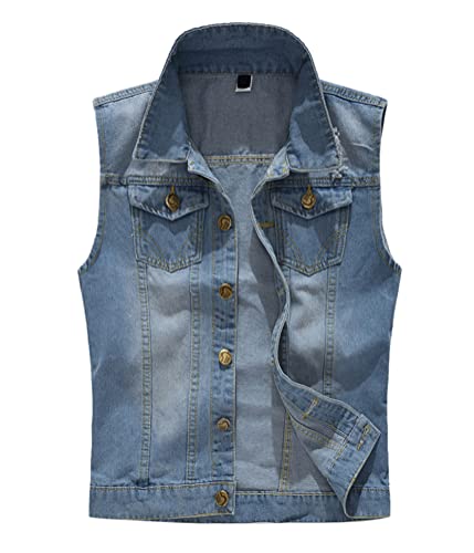 Oanviso Herren Denim Weste Casual Ärmellose Jacke Zerrissene Jeansweste Ausgefranste Cowboy Weste Klassische Vintage Denim Vest mit Taschen Sommer Outdoor Weste Beiläufig Street Weste A Hellblau XL von Oanviso