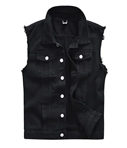 Oanviso Herren Denim Weste Casual Ärmellose Jacke Zerrissene Jeansweste Ausgefranste Cowboy Weste Klassische Vintage Denim Vest mit Taschen Sommer Outdoor Weste Beiläufig Street Weste H Schwarz XXL von Oanviso