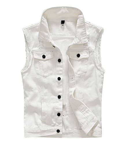 Oanviso Herren Denim Weste Casual Ärmellose Jacke Zerrissene Jeansweste Ausgefranste Cowboy Weste Klassische Vintage Denim Vest mit Taschen Sommer Outdoor Weste Beiläufig Street Weste H Weiß M von Oanviso