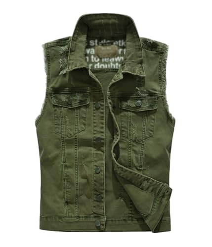 Oanviso Herren Denimweste Casual Ärmellose Jacke Zerrissene Jeansweste Ausgefranste Cowboy Weste Klassische Vintage Denim Vest mit Taschen Sommer Outdoorweste Beiläufig Streetwear N Grün 3XL von Oanviso