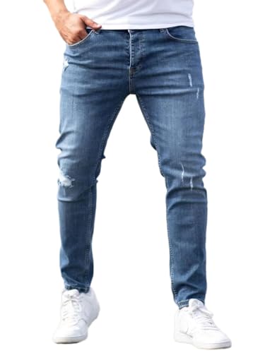 Oanviso Herren Destroyed Jeans Biker Hose Herren Löcher Slim Fit Lang Jeans Denim Hose Mode Für Männer Zerrissen Jeanshose Skinny Jeanshosen Bleistifthose Hosen I Blau XL von Oanviso