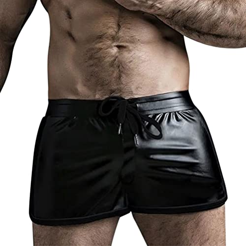 Oanviso Herren Dreipunkt-Shorts Kunstleder-PU-Leder Nähte Shorts Punk Badeshorts Motorrad Laufshorts Elastische Taille mit Kordelzug Mode Einfarbig Sommershorts Outdoor Sport Shorts A Schwarz M von Oanviso