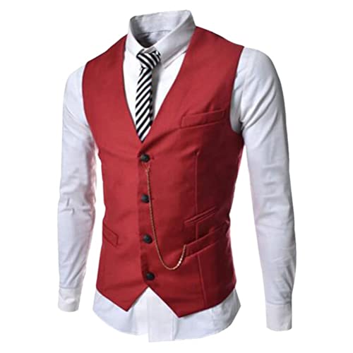 Oanviso Herren Einfarbig Anzugweste V-Ausschnitt Mode Weste Business Casual Weste Klassisch Weste mit Kette Basic Slim Fit Sakko Ärmellose mit 4 Knöpfen Weste Hochzeitsweste Kellnerweste A Rot L von Oanviso