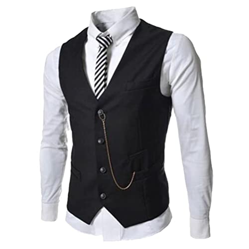 Oanviso Herren Einfarbig Anzugweste V-Ausschnitt Mode Weste Business Casual Weste Klassisch Weste mit Kette Basic Slim Fit Sakko Ärmellose mit 4 Knöpfen Weste Hochzeitsweste Kellnerweste A Schwarz 3XL von Oanviso
