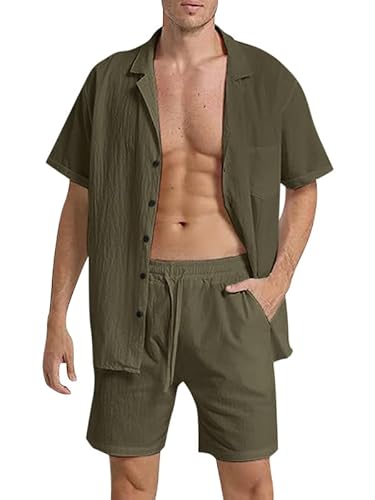 Oanviso Herren Freizeitanzug 2-Teiliges Kurzarm Hemd + Shorts Mode Anzüge Sommer Zweiteiler Set Leinen Baumwolle Jogginganzug Casual Strandanzug Männer A Grün L von Oanviso