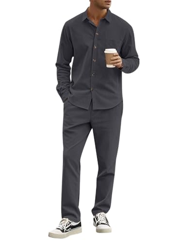 Oanviso Herren Freizeitanzug 2 Teiliges Outfit Cordhemd Mode Hemdjacke + Freizeithose Set Businesshemd Männer Langarm Freizeithemd und Lange Hose Winter Herbst A Grau XL von Oanviso