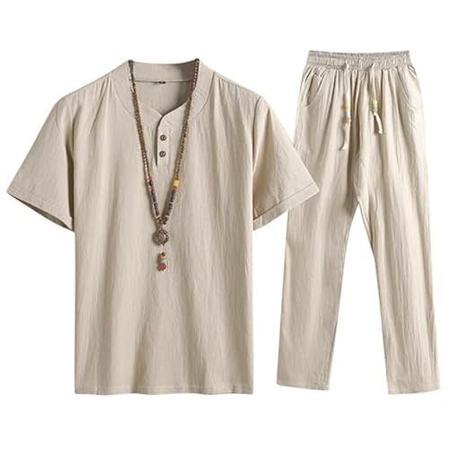 Oanviso Herren Freizeitanzug 2-Teiliges Set Kurzarm/Langarm Shirt + Hose Set Strandanzug Revers Sommer Leinenanzug Einfarbig Baumwolle Leinen Zweiteiler Jogginganzug Leicht Männer K Grau L von Oanviso