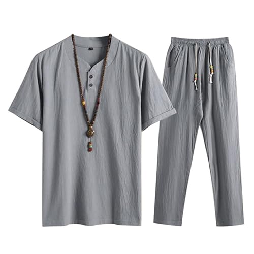Oanviso Herren Freizeitanzug 2-Teiliges Set Kurzarm/Langarm Shirt + Hose Set Strandanzug Revers Sommer Leinenanzug Einfarbig Baumwolle Leinen Zweiteiler Jogginganzug Leicht Männer K Grau XL von Oanviso