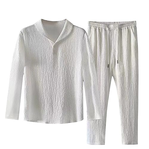Oanviso Herren Freizeitanzug 2-Teiliges Set Kurzarm/Langarm Shirt + Hose Set Strandanzug Revers Sommer Leinenanzug Einfarbig Baumwolle Leinen Zweiteiler Jogginganzug Leicht für Männer B Weiß XXL von Oanviso